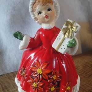 1950s Lefton Christmas Red Poinsettia Girl Made Japan Candy Container Ceramic